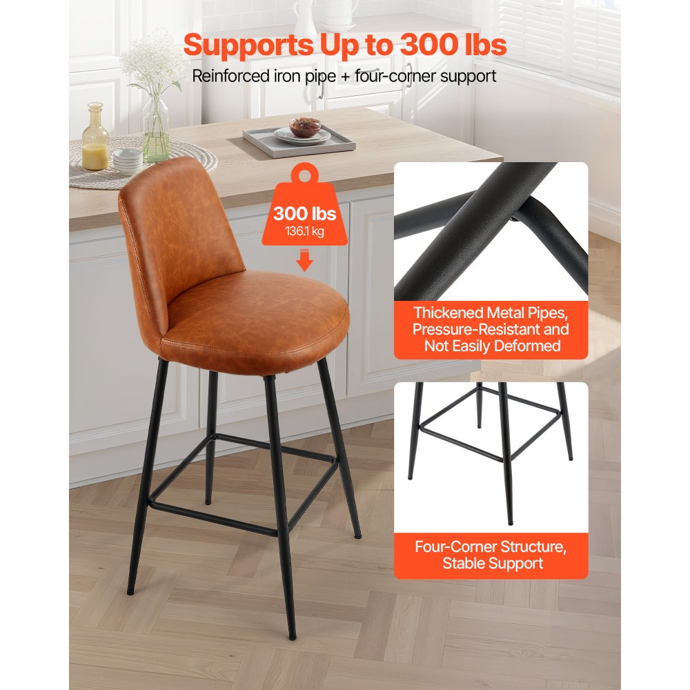 VEVOR Bar Stool Set of 2, 27 inch Counter Height Swivel Stools, Modern PU Leather Counter Barstool with Backrest and Metal Legs, Armless Bar Chair, Island Barstool for Kitchen, Dining Room, Brown