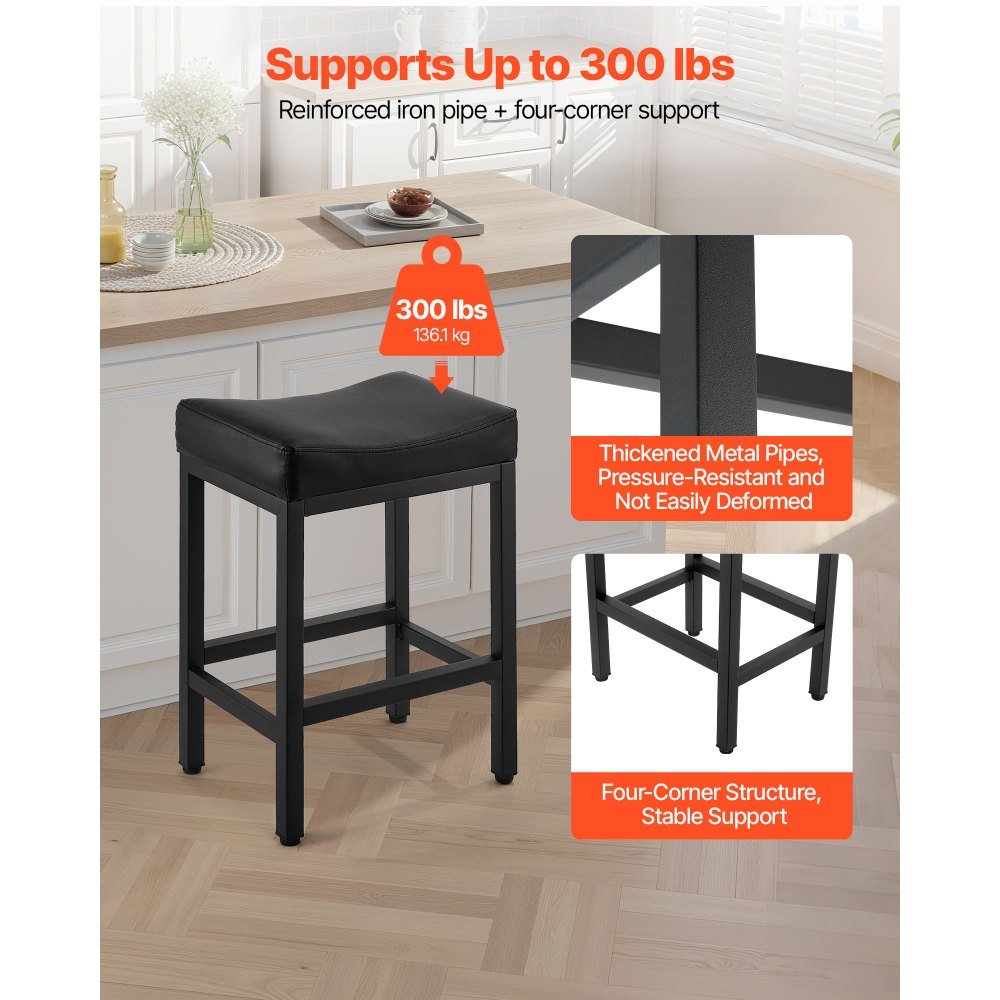 VEVOR Bar Stool Set of 2, PU Leather Counter Height Stools, 25 inch Barstool with Saddle-Seat and Metal Legs, Easy Assembly Backless Bar Chair, Island Barstools for Kitchen, Dining Room, Cafe, Black