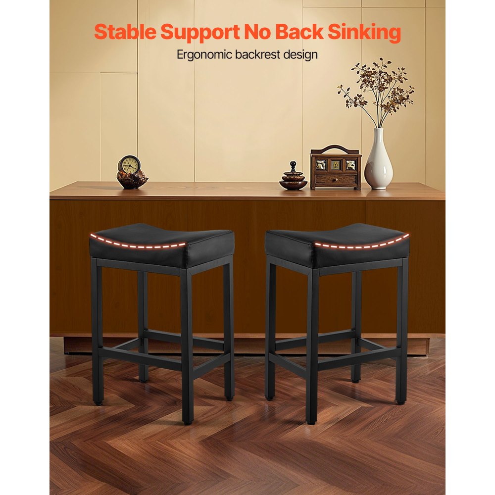 VEVOR Bar Stool Set of 2, PU Leather Counter Height Stools, 25 inch Barstool with Saddle-Seat and Metal Legs, Easy Assembly Backless Bar Chair, Island Barstools for Kitchen, Dining Room, Cafe, Black