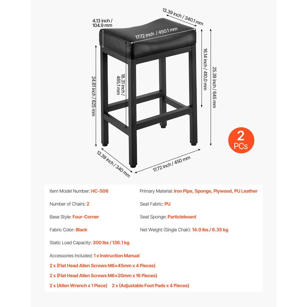 VEVOR Bar Stool Set of 2, PU Leather Counter Height Stools, 25 inch Barstool with Saddle-Seat and Metal Legs, Easy Assembly Backless Bar Chair, Island Barstools for Kitchen, Dining Room, Cafe, Black