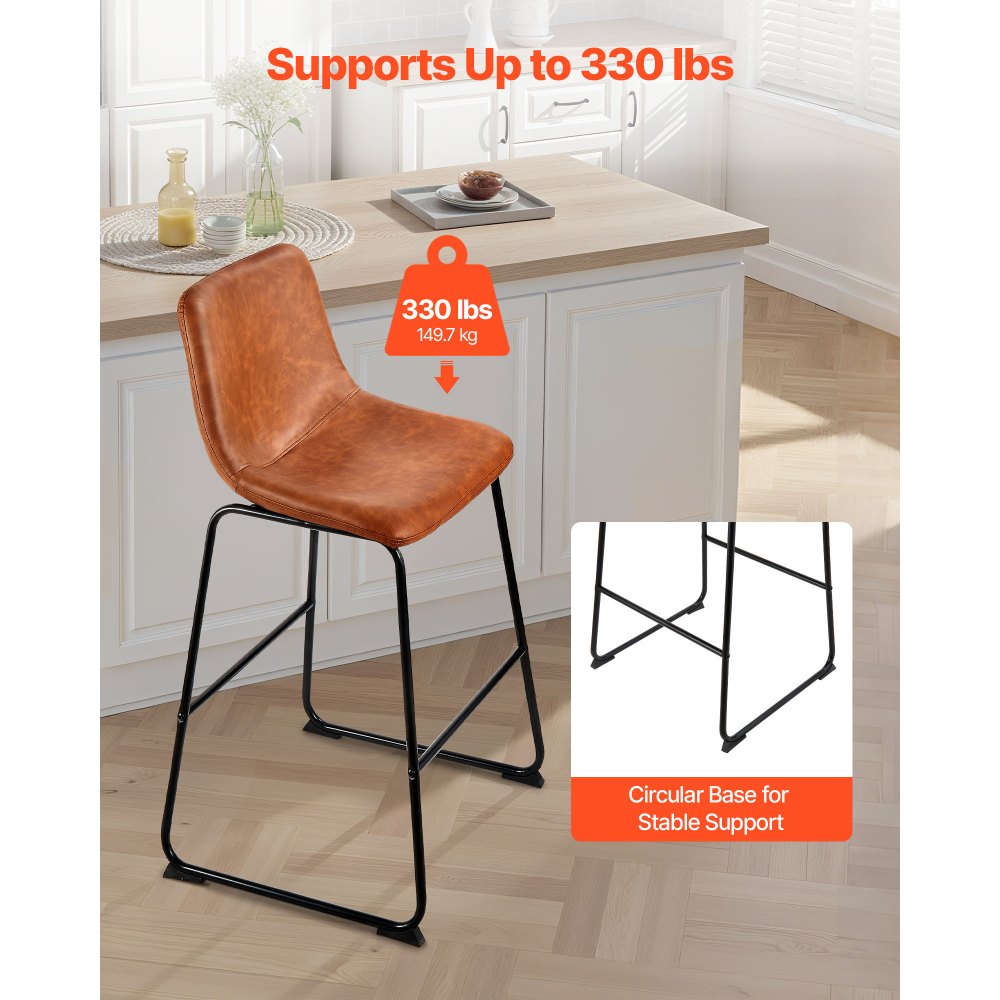 VEVOR Bar Stool Set of 4, 26 inch Counter Height Stools, Modern PU Leather Counter Barstool with Backrest, Metal Legs, Easy Assembly Armless Bar Chair, Island Barstool for Kitchen, Dining Room, Brown