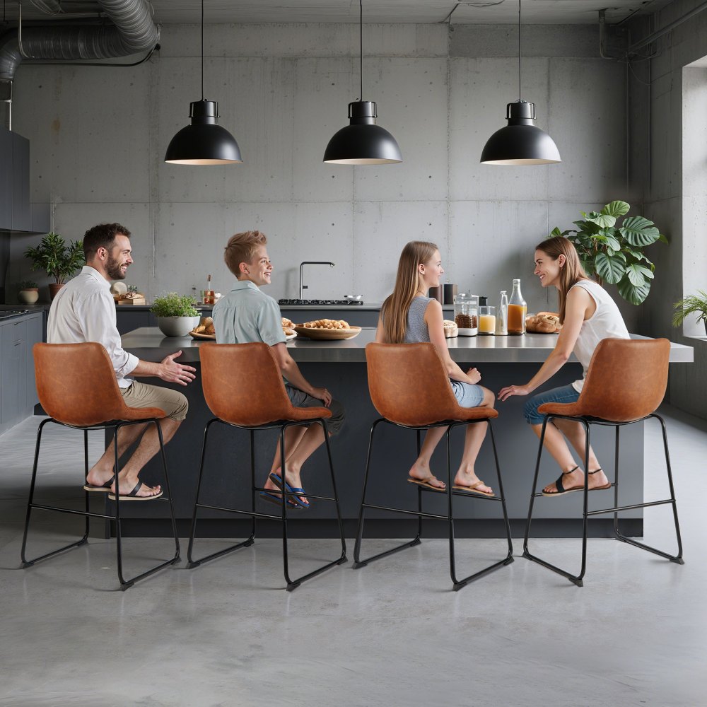 VEVOR Bar Stool Set of 4, 26 inch Counter Height Stools, Modern PU Leather Counter Barstool with Backrest, Metal Legs, Easy Assembly Armless Bar Chair, Island Barstool for Kitchen, Dining Room, Brown