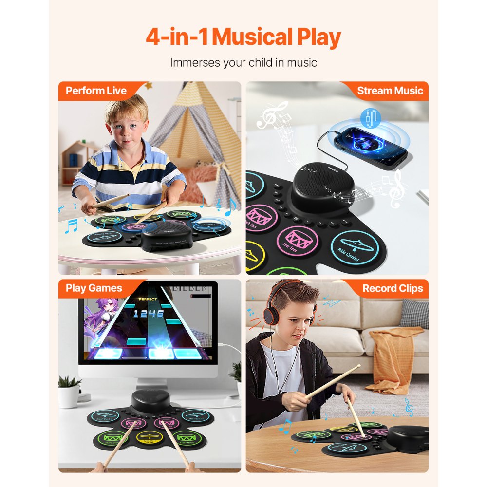 VEVOR Electric Drum Set, 7 Pads, Roll-up Drum Practice Pad, Electronic Drumset with Headphone