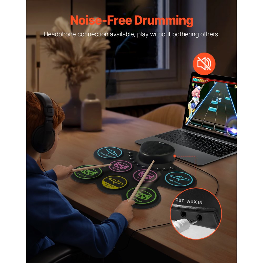 VEVOR Electric Drum Set, 7 Pads, Roll-up Drum Practice Pad, Electronic Drumset with Headphone