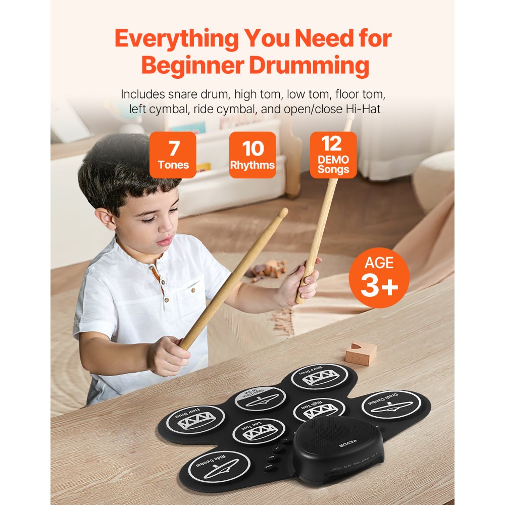 VEVOR Electric Drum Set, 7 Pads, Roll-up Drum Practice Pad, Electronic Drumset with Headphone