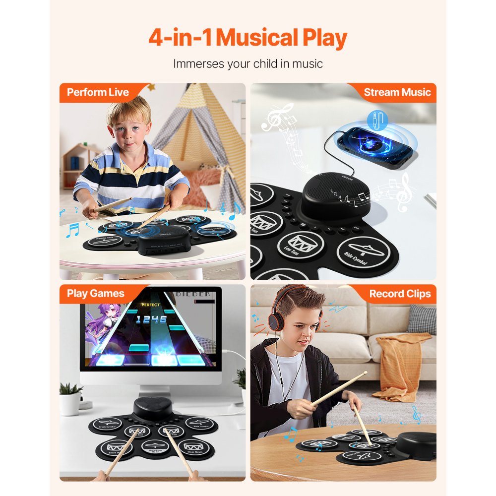 VEVOR Electric Drum Set, 7 Pads, Roll-up Drum Practice Pad, Electronic Drumset with Headphone