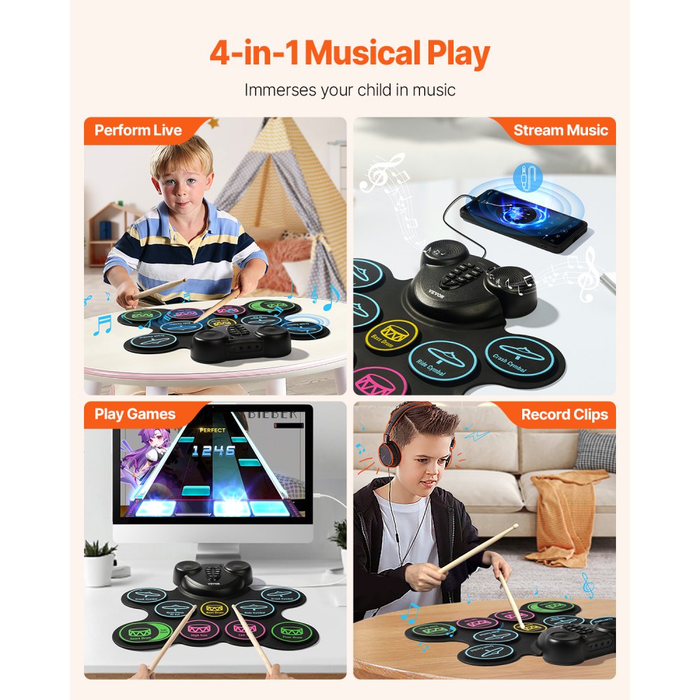 VEVOR Electric Drum Set, 9 Pads, Roll-up Drum Practice Pad, Electronic Drumset with Headphone Jack, Double Pedals, Drum Sticks, Built-in Dual Speakers, MIDI, Portable Instrument Toy for Kids Ages 3+