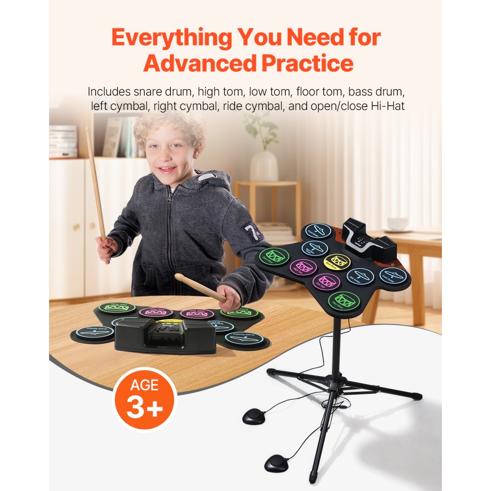 VEVOR Electric Drum Set, 9 Pads, Roll-up Drum Practice Pad, Electronic Drumset with Headphone Jack, Stand, Double Pedals, Light Up Drum Sticks, Built-in Dual Speakers, Instrument Toy for Kids Ages 3+