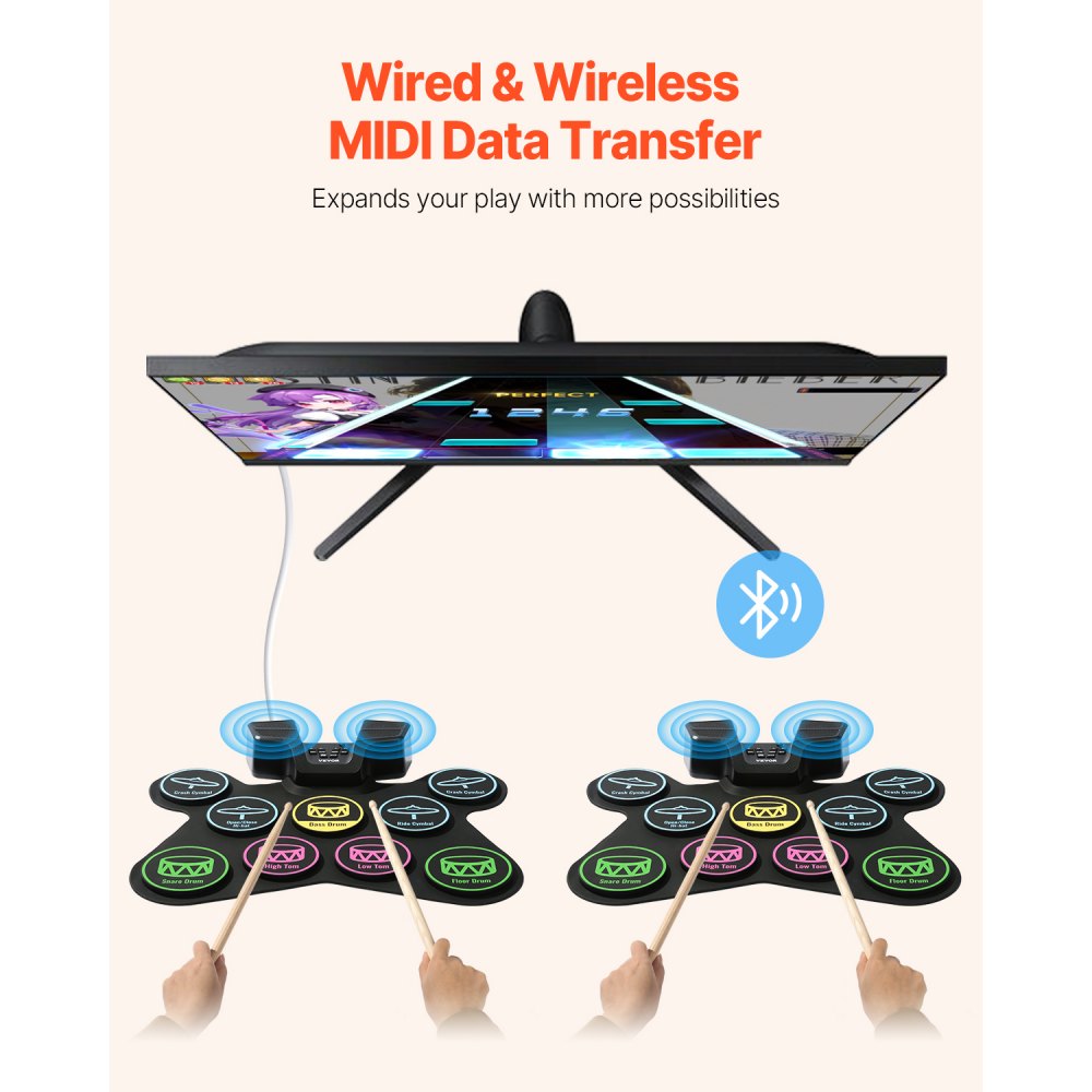 VEVOR Electric Drum Set, 9 Pads, Roll-up Drum Practice Pad, Electronic Drumset with Headphone Jack, Stand, Double Pedals, Light Up Drum Sticks, Built-in Dual Speakers, Instrument Toy for Kids Ages 3+