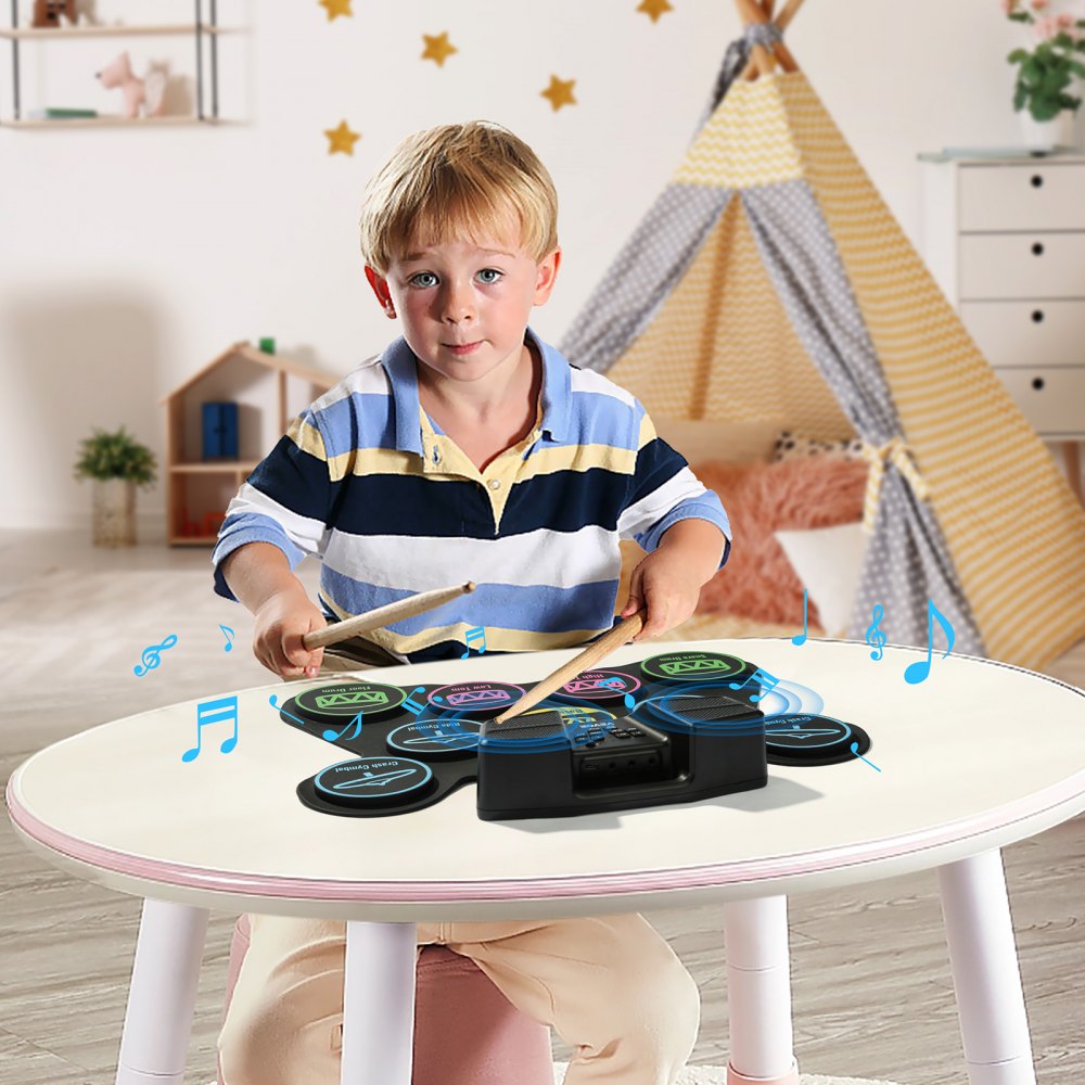 VEVOR Electric Drum Set, 9 Pads, Roll-up Drum Practice Pad, Electronic Drumset with Headphone Jack, Stand, Double Pedals, Light Up Drum Sticks, Built-in Dual Speakers, Instrument Toy for Kids Ages 3+