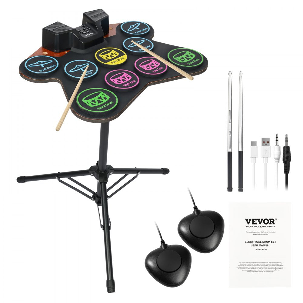 VEVOR Electric Drum Set, 9 Pads, Roll-up Drum Practice Pad, Electronic Drumset with Headphone Jack, Stand, Double Pedals, Light Up Drum Sticks, Built-in Dual Speakers, Instrument Toy for Kids Ages 3+