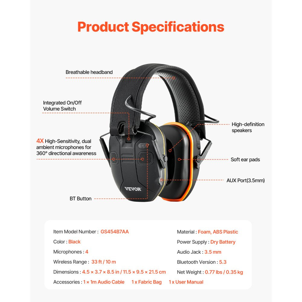 VEVOR Safety Earmuffs, Electronic Ear Muffs with 5.3 Bluetooth Technology and Sound Amplification, Noise Reduction Headphone NRR23dB, Hearing Protection Earmuffs for Shooting, Lawn Mowing and Work