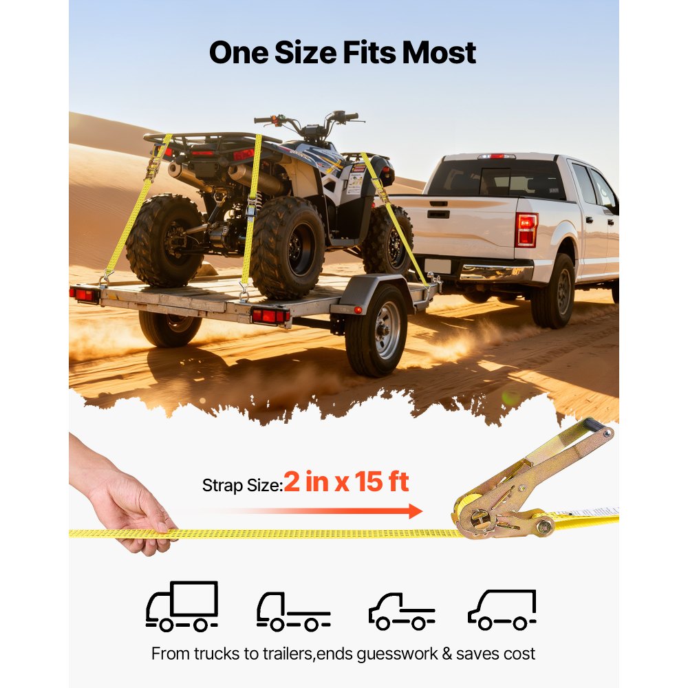 VEVOR Ratchet Straps, 2 in x 15 ft, Heavy Duty Tie Down Straps with Double J Hook, 5000 lbs Break Strength, Carry Bag, Tie Down Ratcheting for Moving, Trailers, Motorcycles, Kayaks, Car Roof, 6 Pack