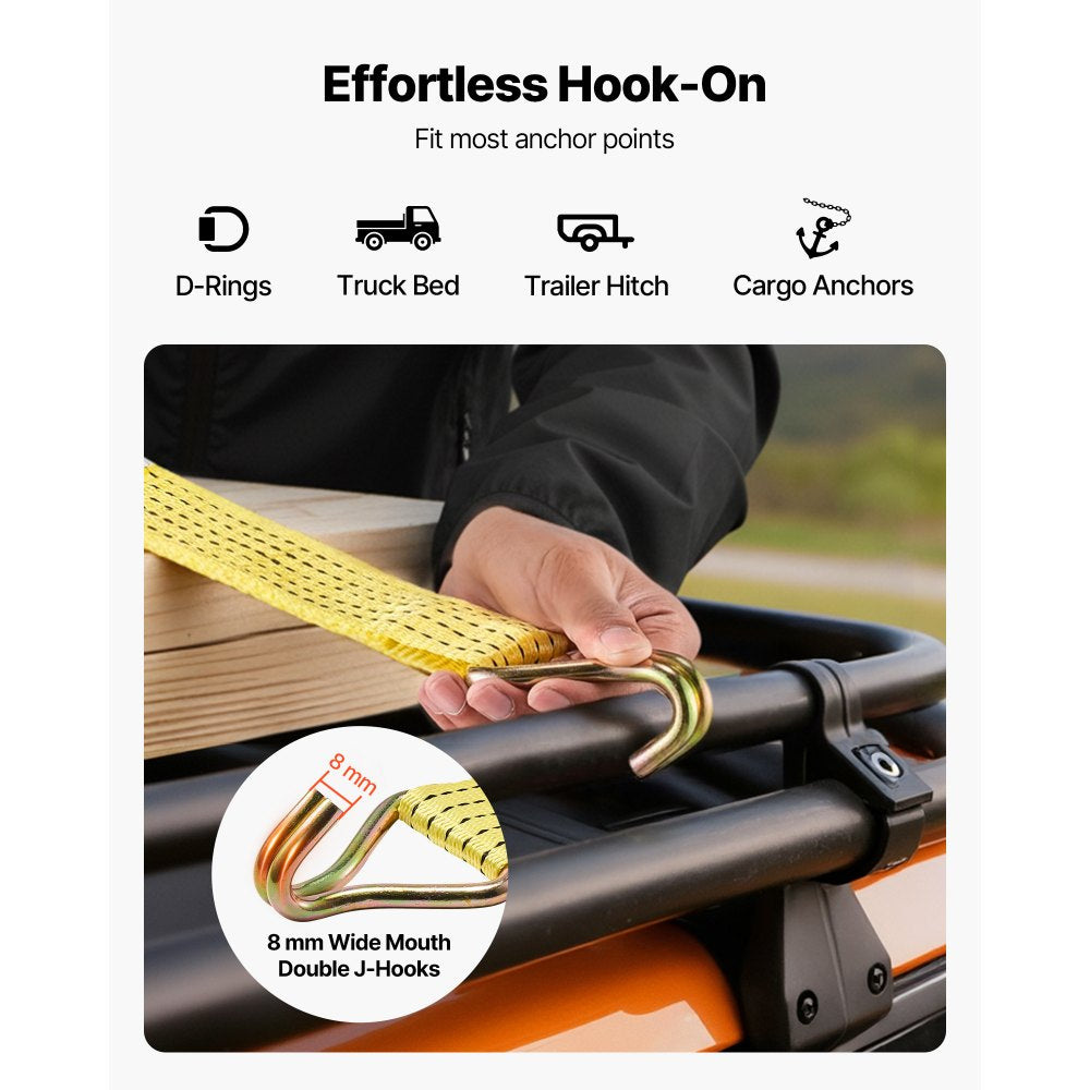 VEVOR Ratchet Straps, 2 in x 15 ft, Heavy Duty Tie Down Straps with Double J Hook, 5000 lbs Break Strength, Carry Bag, Tie Down Ratcheting for Moving, Trailers, Motorcycles, Kayaks, Car Roof, 6 Pack