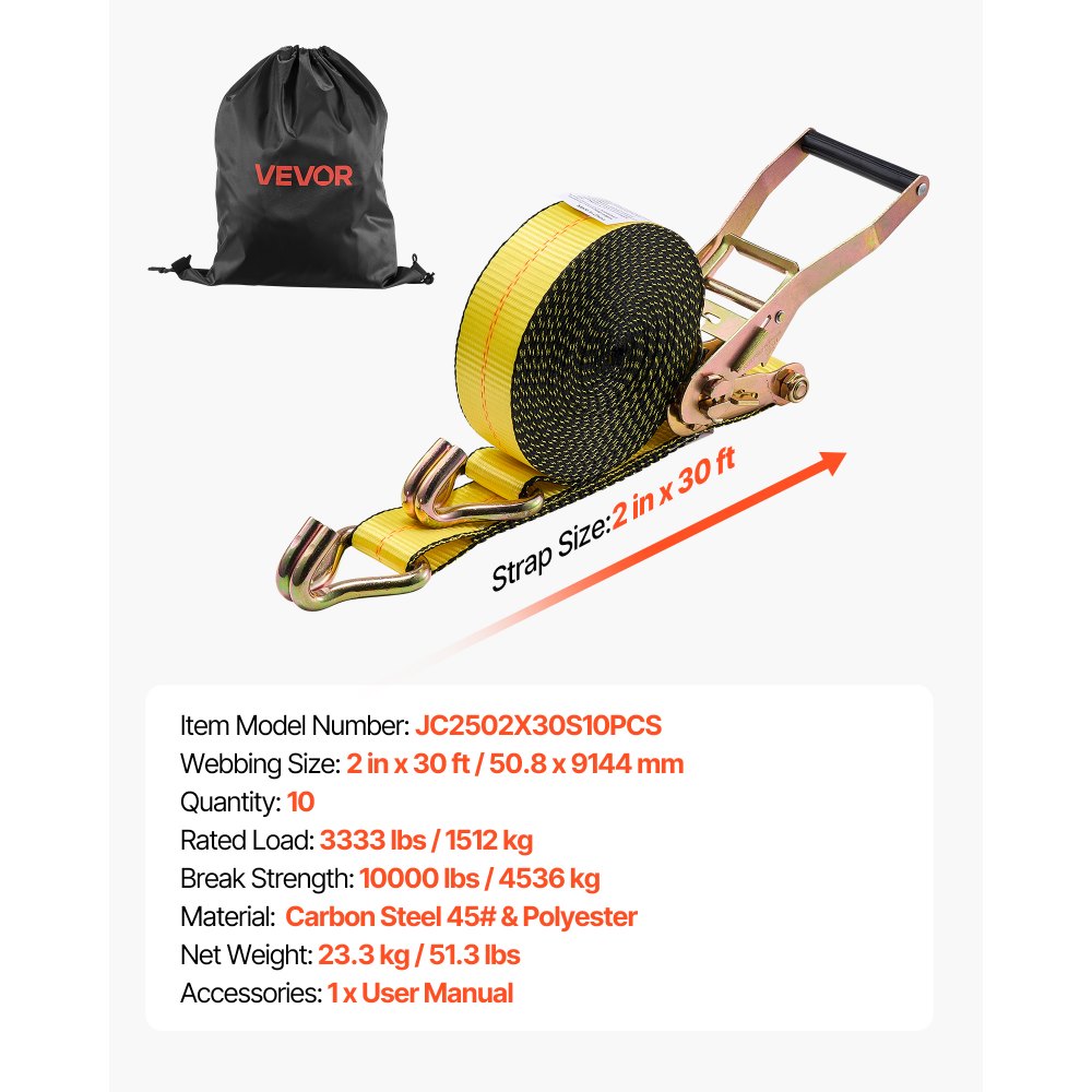 VEVOR Ratchet Straps, 2 in x 30 ft, Heavy Duty Tie Down Straps with Double J Hook, 10,000 lbs Break Strength, Tie Down Ratcheting for Moving, Trailers, Motorcycles, Kayaks, Car Roof, 10 Pack
