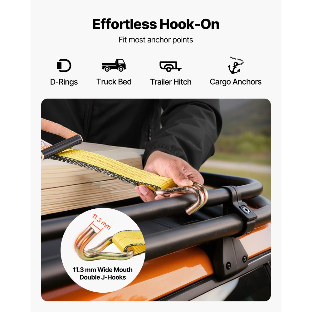 VEVOR Ratchet Straps, 2 in x 30 ft, Heavy Duty Tie Down Straps with Double J Hook, 10,000 lbs Break Strength, Carry Bag, Tie Down Ratcheting for Moving, Trailers, Motorcycles, Kayaks, Car Roof, 4 Pack