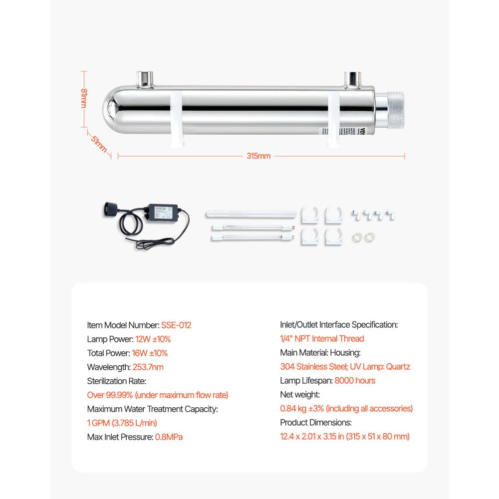 VEVOR UV Water Purifier, 12W 1GPM, 110V Versatile Ultraviolet Water Purifier Filter with Stainless Steel Housing, Whole House UV Water Filter with Quartz Sleeve Fit for Shower/Drinking/Cleaning