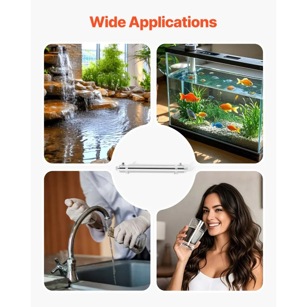 VEVOR UV Water Purifier, 25W 6GPM, 110V Versatile Ultraviolet Water Purifier Filter with Stainless Steel Housing, Whole House UV Water Filter with Quartz Sleeve Fit for Shower/Drinking/Cleaning