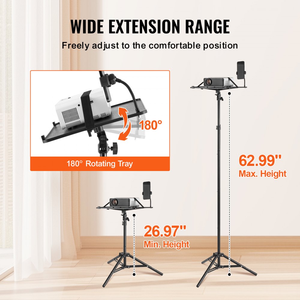 VEVOR Projector Stand, Laptop Stand Tripod Adjustable Height from 26.97 to 63 in, Portable Projector Tripod Stand with Tray & Gooseneck Phone Holder, for Outdoor Movies, Home, Office, Stage or Studio