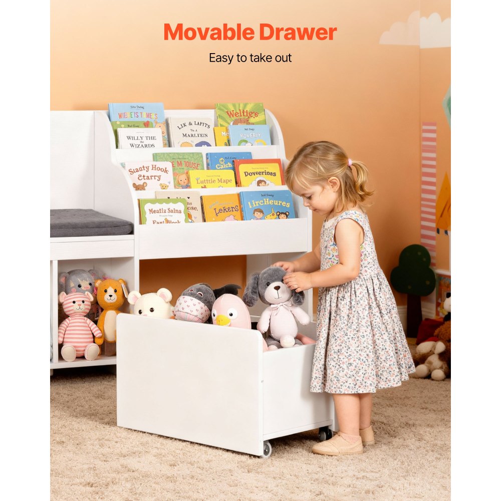 VEVOR Kids Reading Nook, Wooden Storage Bench with Backrest, Kids Bookshelf & Toy Organizer, Large Toy Box Chest for Playroom, Living Room or Entryway, Easy Assembly, 66.9 x 15.8 x 31.5 in, White