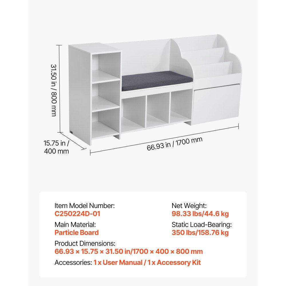 VEVOR Kids Reading Nook, Wooden Storage Bench with Backrest, Kids Bookshelf & Toy Organizer, Large Toy Box Chest for Playroom, Living Room or Entryway, Easy Assembly, 66.9 x 15.8 x 31.5 in, White