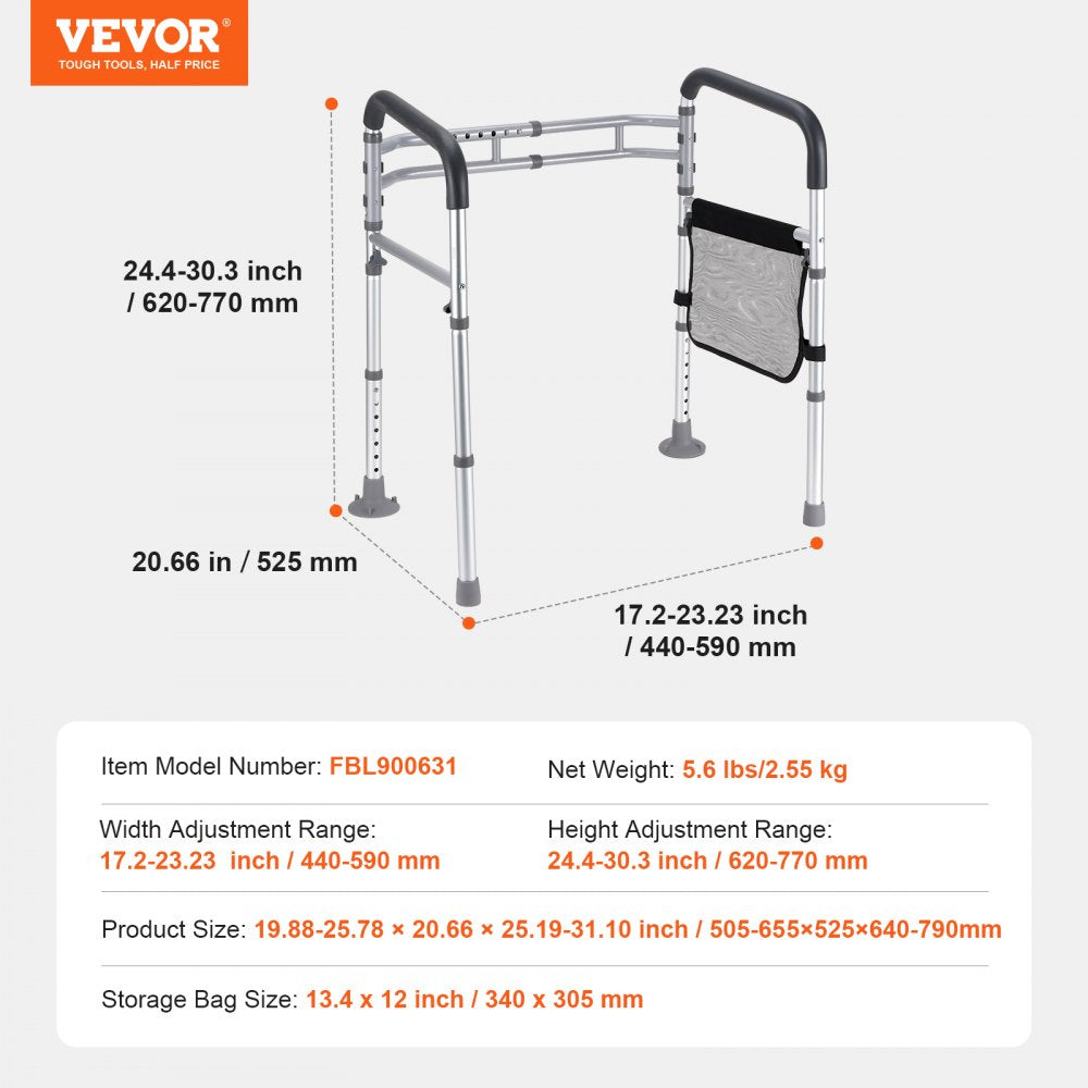 VEVOR Toilet Safety Rail, 300 LBS Foldable Toilet Seat with Non-Slip Handles, Portable Versatile Toilet Handrails with Reinforced Aluminum Alloy Tube, Fit for Seniors, Pregnant Women & the Injured