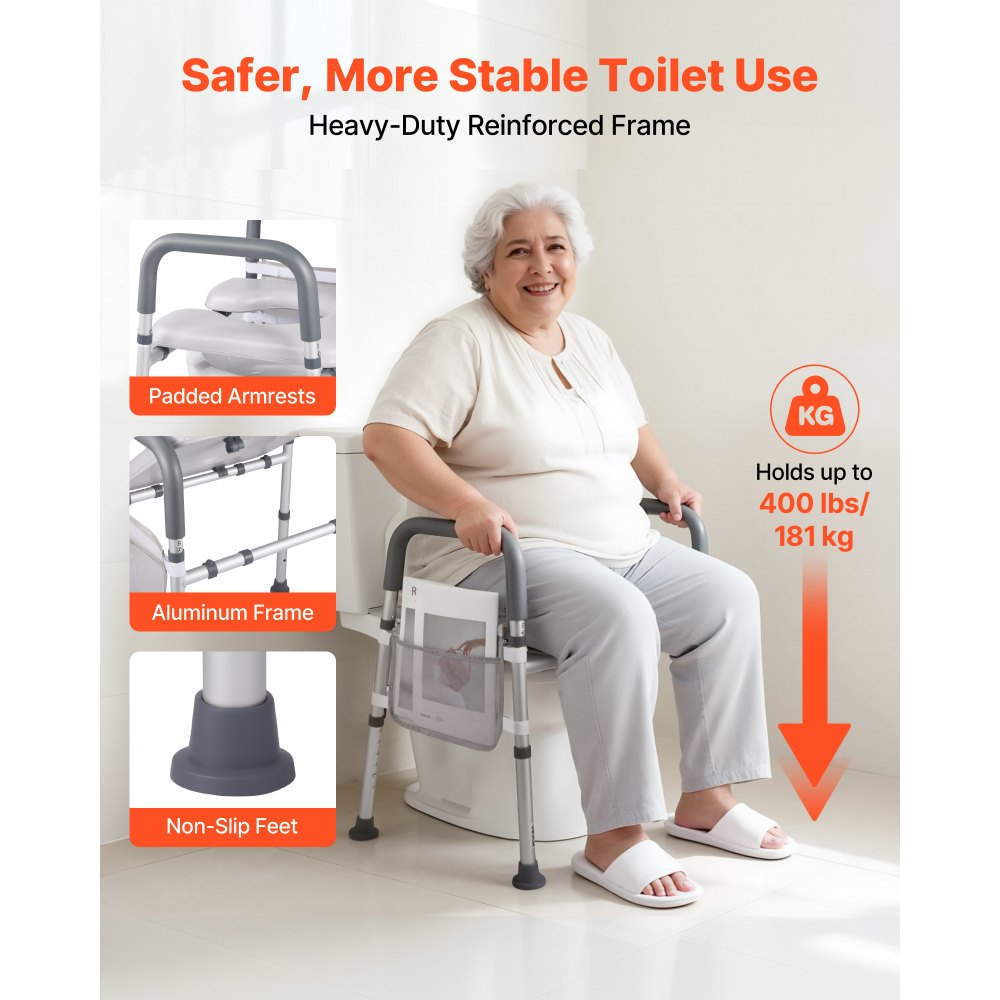 VEVOR Raised Toilet Seat with Arms, 400 lbs Load Capacity, Adjustable Height and Width, Commode Cushion Padded Elevated Toilet Seat Riser with Handles for Seniors, Elderly, Handicap, Disabled, Adults