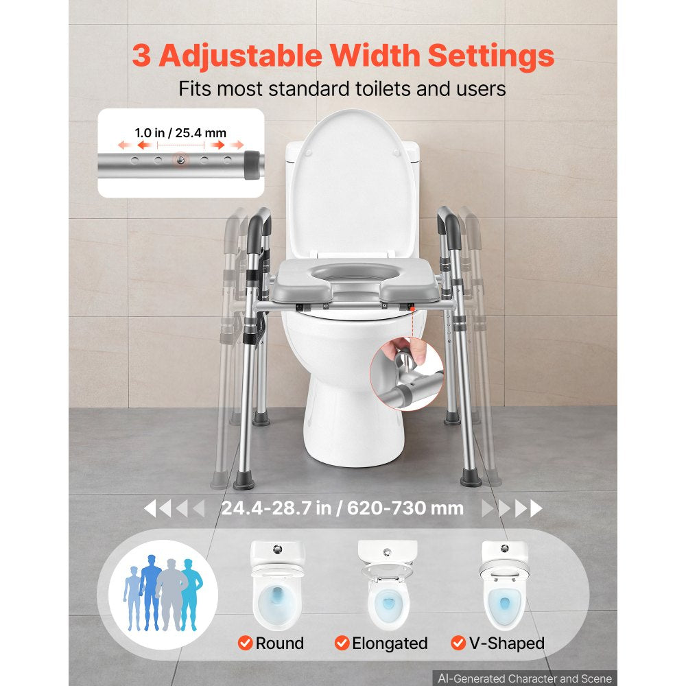 VEVOR Raised Toilet Seat with Handles 350 lb Handicap Elevated Toilet Riser, for Seniors, Elderly & Disabled, Adjustable Height & Width, Soft Cushion Padded, Fits Round, Elongated & V-Shaped Commode