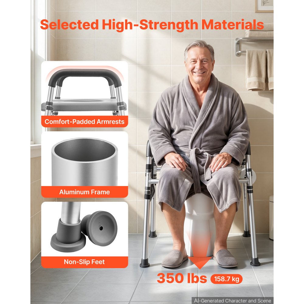 VEVOR Raised Toilet Seat with Handles 350 lb Handicap Elevated Toilet Riser, for Seniors, Elderly & Disabled, Adjustable Height & Width, Soft Cushion Padded, Fits Round, Elongated & V-Shaped Commode