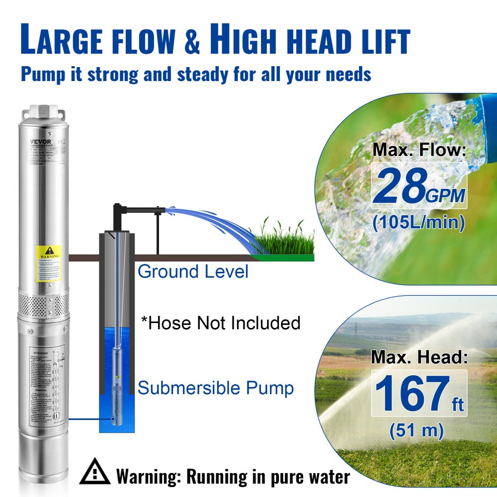 VEVOR Deep Well Submersible Pump, 0.5HP 230V/60Hz, 28gpm 167ft Head, with 33ft Electric Cord, 4\" Stainless Steel Water Pumps for Industrial, Irrigation and Home Use, IP68 Waterproof Grade