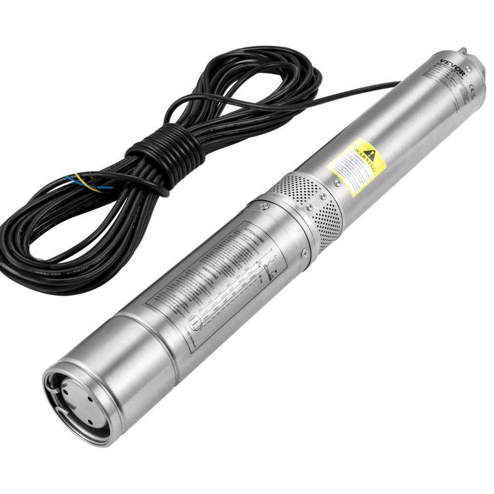 VEVOR Deep Well Submersible Pump, 0.5HP 230V/60Hz, 28gpm 167ft Head, with 33ft Electric Cord, 4\" Stainless Steel Water Pumps for Industrial, Irrigation and Home Use, IP68 Waterproof Grade