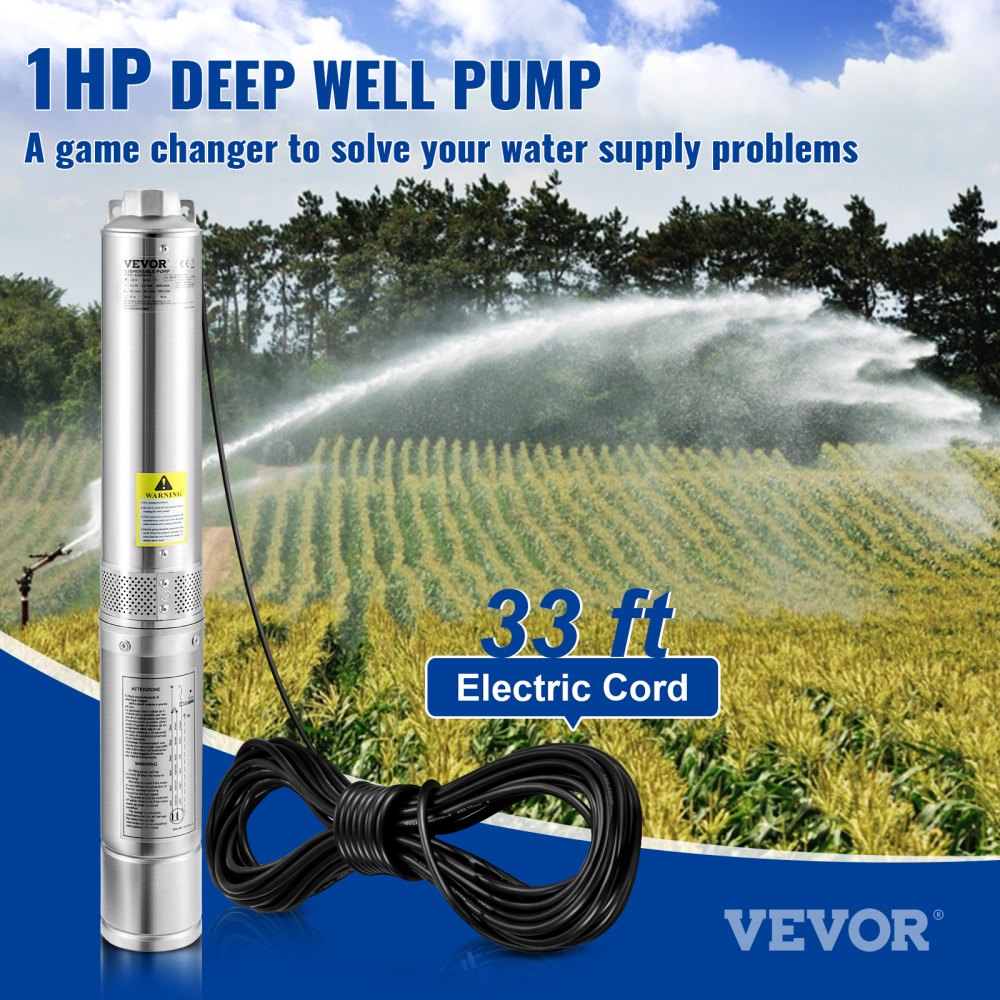 VEVOR Deep Well Submersible Pump, 1HP 230V/60Hz, 37gpm Flow 207ft Head, with 33ft Electric Cord, 4\" Stainless Steel Water Pump for Industrial, Irrigation&Home Use, IP68 Waterproof Grade