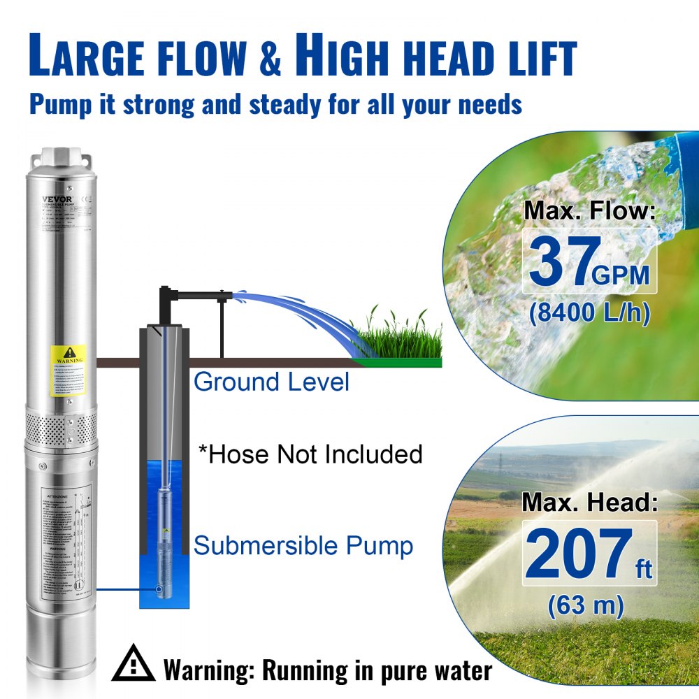 VEVOR Deep Well Submersible Pump, 1HP 230V/60Hz, 37gpm Flow 207ft Head, with 33ft Electric Cord, 4\" Stainless Steel Water Pump for Industrial, Irrigation&Home Use, IP68 Waterproof Grade