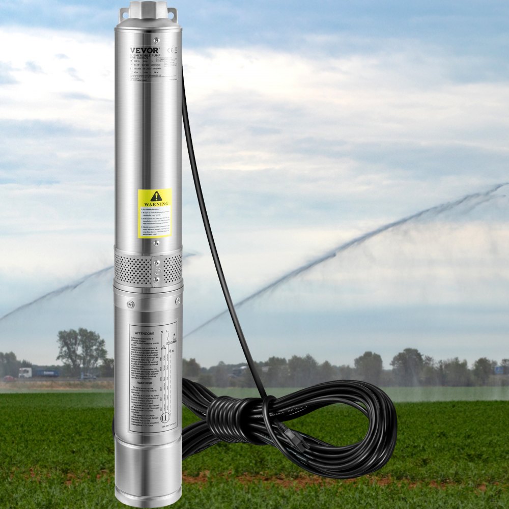 VEVOR Deep Well Submersible Pump, 1HP 230V/60Hz, 37gpm Flow 207ft Head, with 33ft Electric Cord, 4\" Stainless Steel Water Pump for Industrial, Irrigation&Home Use, IP68 Waterproof Grade