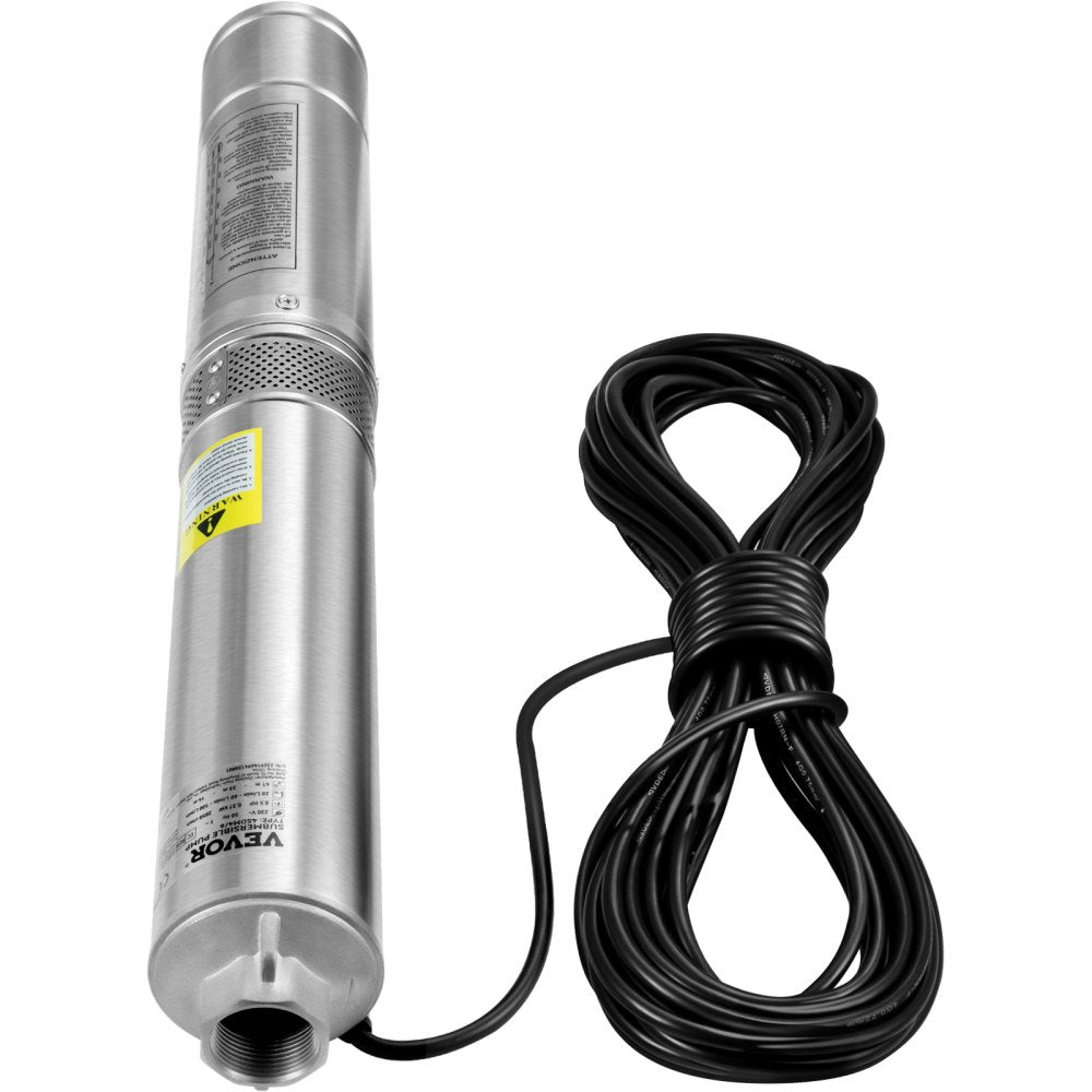 VEVOR Deep Well Submersible Pump, 1HP 230V/60Hz, 37gpm Flow 207ft Head, with 33ft Electric Cord, 4\" Stainless Steel Water Pump for Industrial, Irrigation&Home Use, IP68 Waterproof Grade