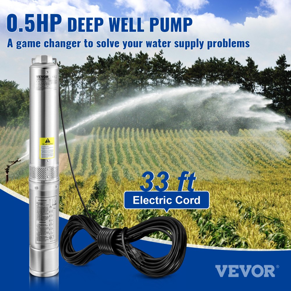 VEVOR Deep Well Submersible Pump, 0.5HP 115V/60Hz, 28gpm Flow 167ft Head, with 33ft Electric Cord, 4\" Stainless Steel Water Pumps for Industrial, Irrigation&Home Use, IP68 Waterproof Grade