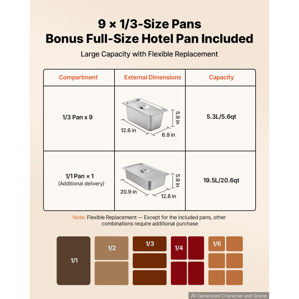 VEVOR Commercial Food Warmer 9 x 1/3 Pans Electric Steam Table 1500W, for Buffet Restaurant Catering, Stainless Steel Server with Additional 1/1 Pan, Acrylic Cover, Undershelf, and Rolling Stand