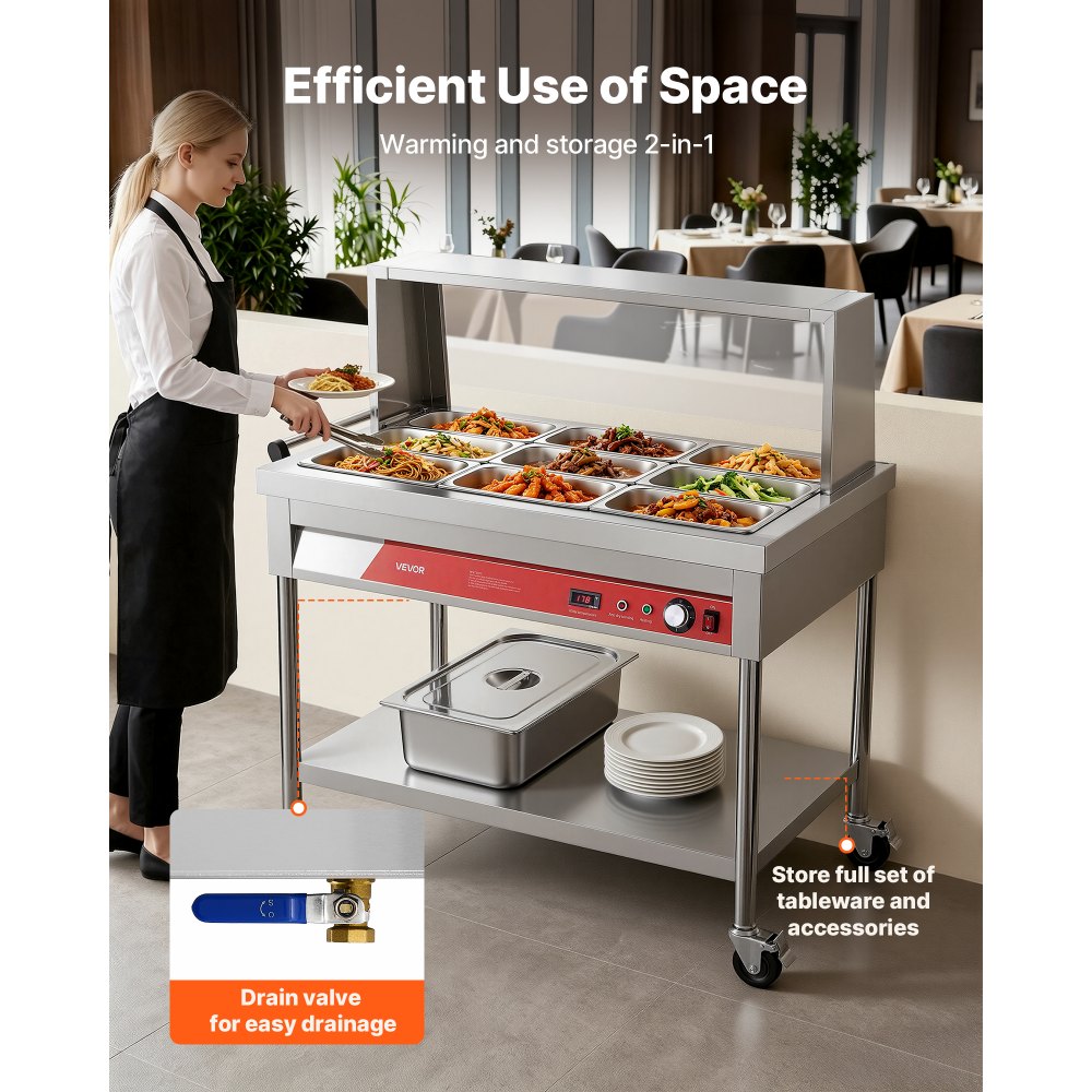 VEVOR Commercial Food Warmer 9 x 1/3 Pans Electric Steam Table 1500W, for Buffet Restaurant Catering, Stainless Steel Server with Additional 1/1 Pan, Acrylic Cover, Undershelf, and Rolling Stand