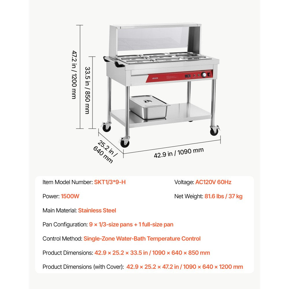 VEVOR Commercial Food Warmer 9 x 1/3 Pans Electric Steam Table 1500W, for Buffet Restaurant Catering, Stainless Steel Server with Additional 1/1 Pan, Acrylic Cover, Undershelf, and Rolling Stand