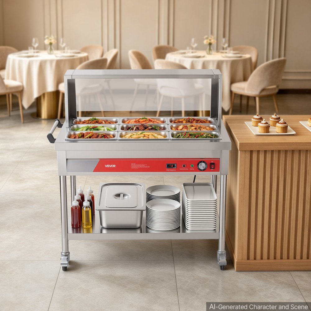 VEVOR Commercial Food Warmer 9 x 1/3 Pans Electric Steam Table 1500W, for Buffet Restaurant Catering, Stainless Steel Server with Additional 1/1 Pan, Acrylic Cover, Undershelf, and Rolling Stand