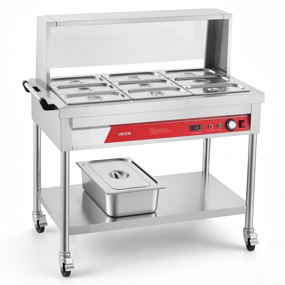 Vevor Commercial Food Warmer Electric Steam Table 9 x 1/3 Pans 1500W with Acrylic Cover and Rolling Stand New