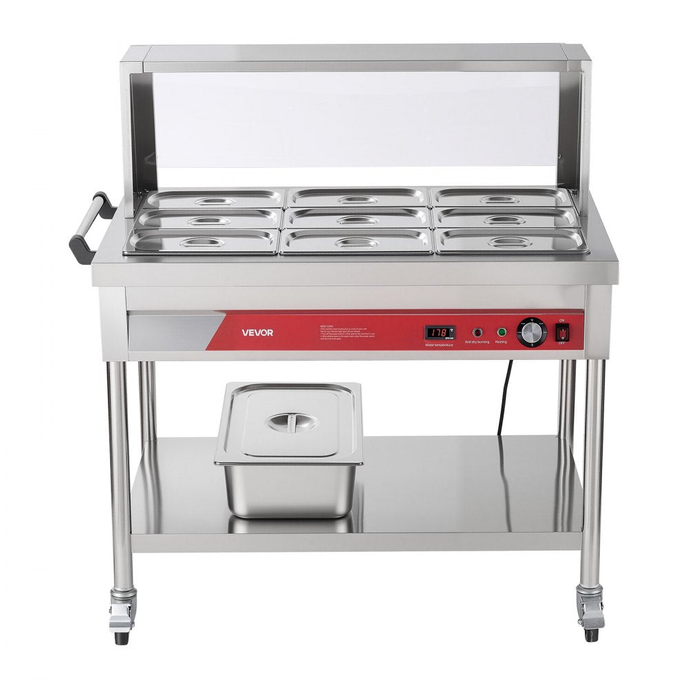 VEVOR Commercial Food Warmer 9 x 1/3 Pans Electric Steam Table 1500W, for Buffet Restaurant Catering, Stainless Steel Server with Additional 1/1 Pan, Acrylic Cover, Undershelf, and Rolling Stand
