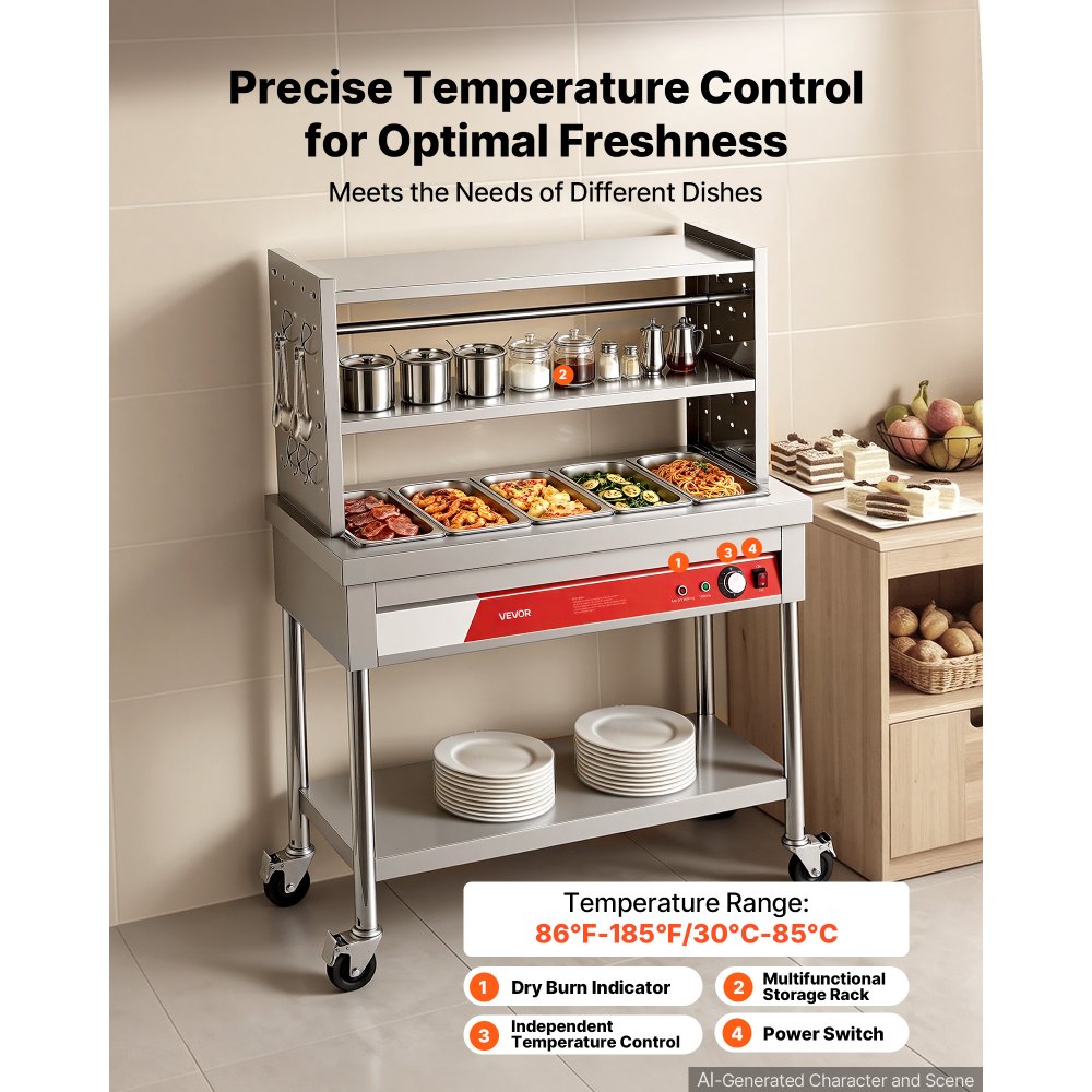 VEVOR Commercial Food Warmer 5 x 1/3 Pans Electric Steam Table 1500W, for Buffet Restaurant Catering Party, Professional Stainless Steel Server, with Undershelf, Rolling Stand, and Temp Control