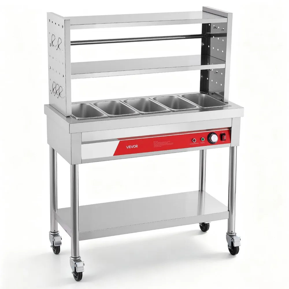 Vevor Food Warmer Commercial 5 x 1/3 Pan Electric Steam Table with Rolling Stand & Undershelf 1500W New
