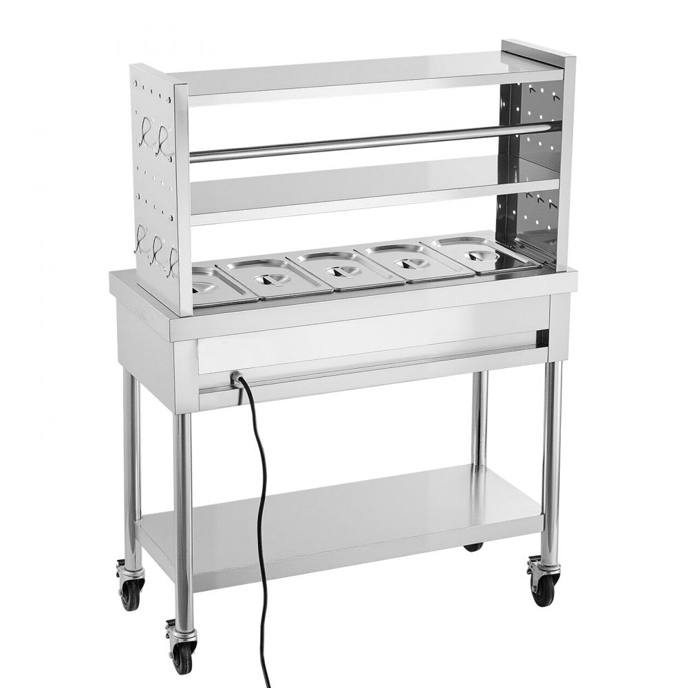 VEVOR Commercial Food Warmer 5 x 1/3 Pans Electric Steam Table 1500W, for Buffet Restaurant Catering Party, Professional Stainless Steel Server, with Undershelf, Rolling Stand, and Temp Control