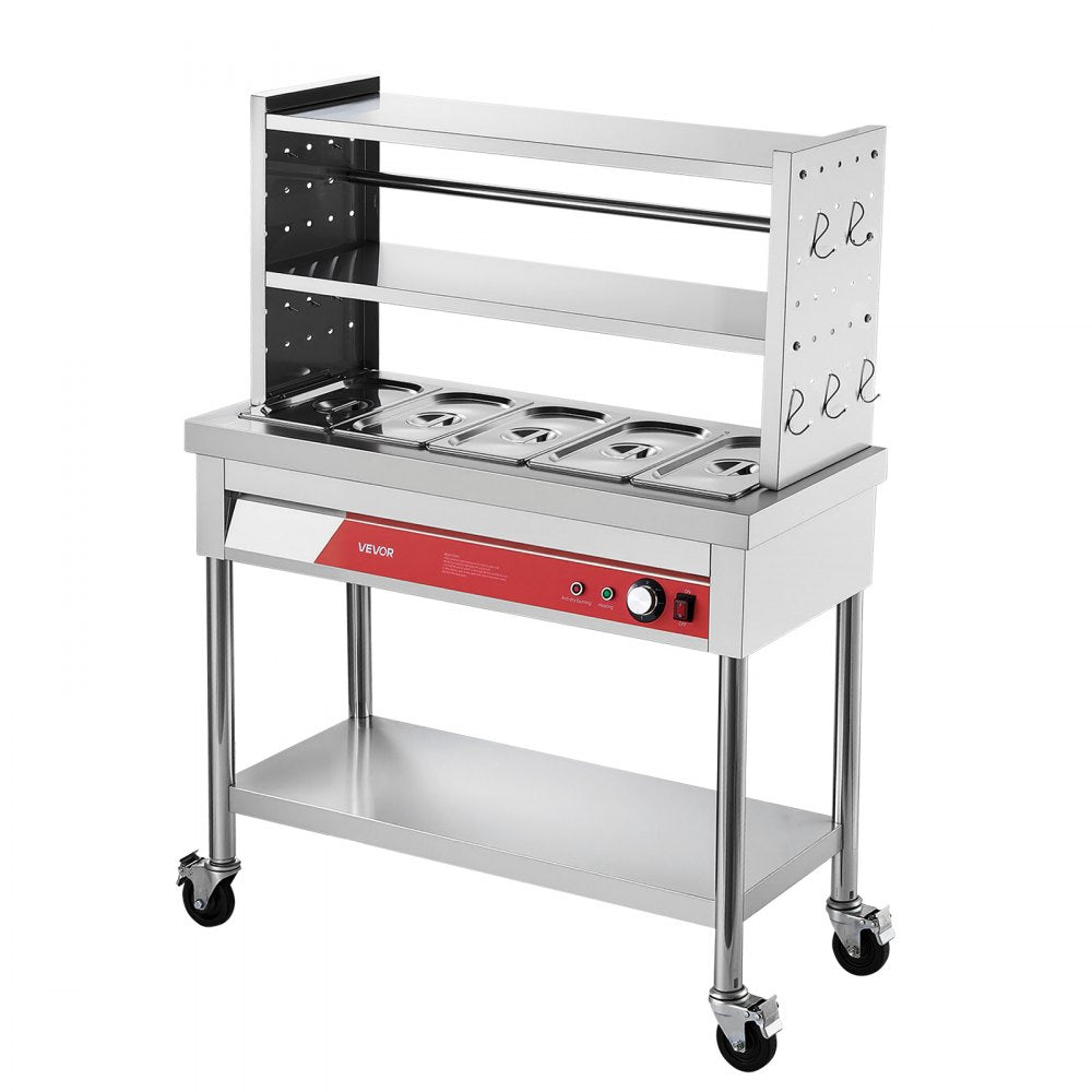 VEVOR Commercial Food Warmer 5 x 1/3 Pans Electric Steam Table 1500W, for Buffet Restaurant Catering Party, Professional Stainless Steel Server, with Undershelf, Rolling Stand, and Temp Control