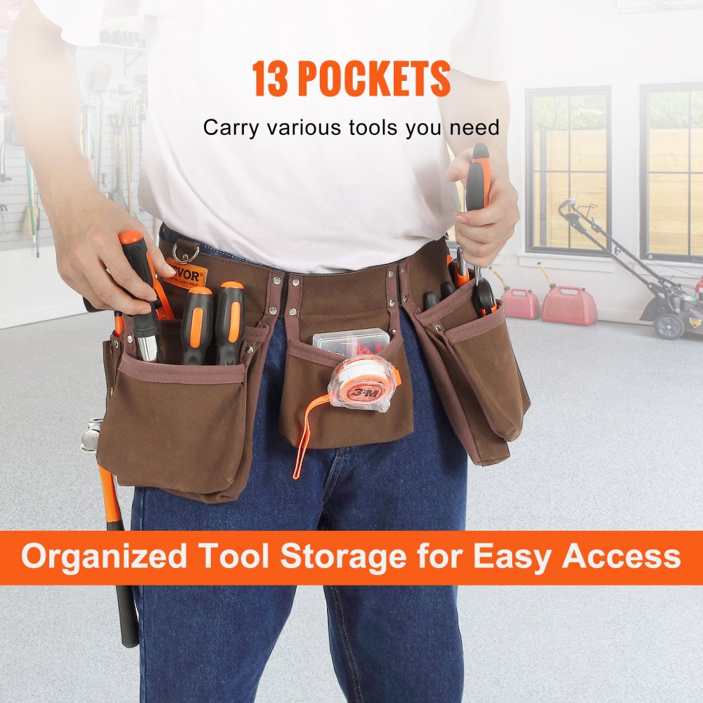 VEVOR 13 Pockets Tool Belt, Adjusts from 29 Inches to 54 Inches, Leather Heavy Duty Tool Pouch Bag with Dual Hammer Loops, Tool Bag for Electrician, Carpenter, Handyman, Construction, Framer, Brown