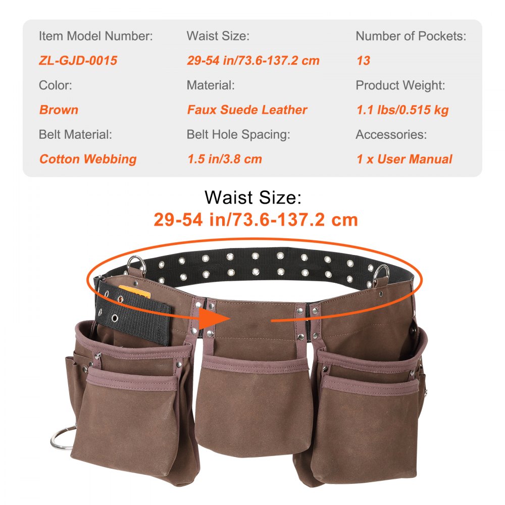 VEVOR 13 Pockets Tool Belt, Adjusts from 29 Inches to 54 Inches, Leather Heavy Duty Tool Pouch Bag with Dual Hammer Loops, Tool Bag for Electrician, Carpenter, Handyman, Construction, Framer, Brown