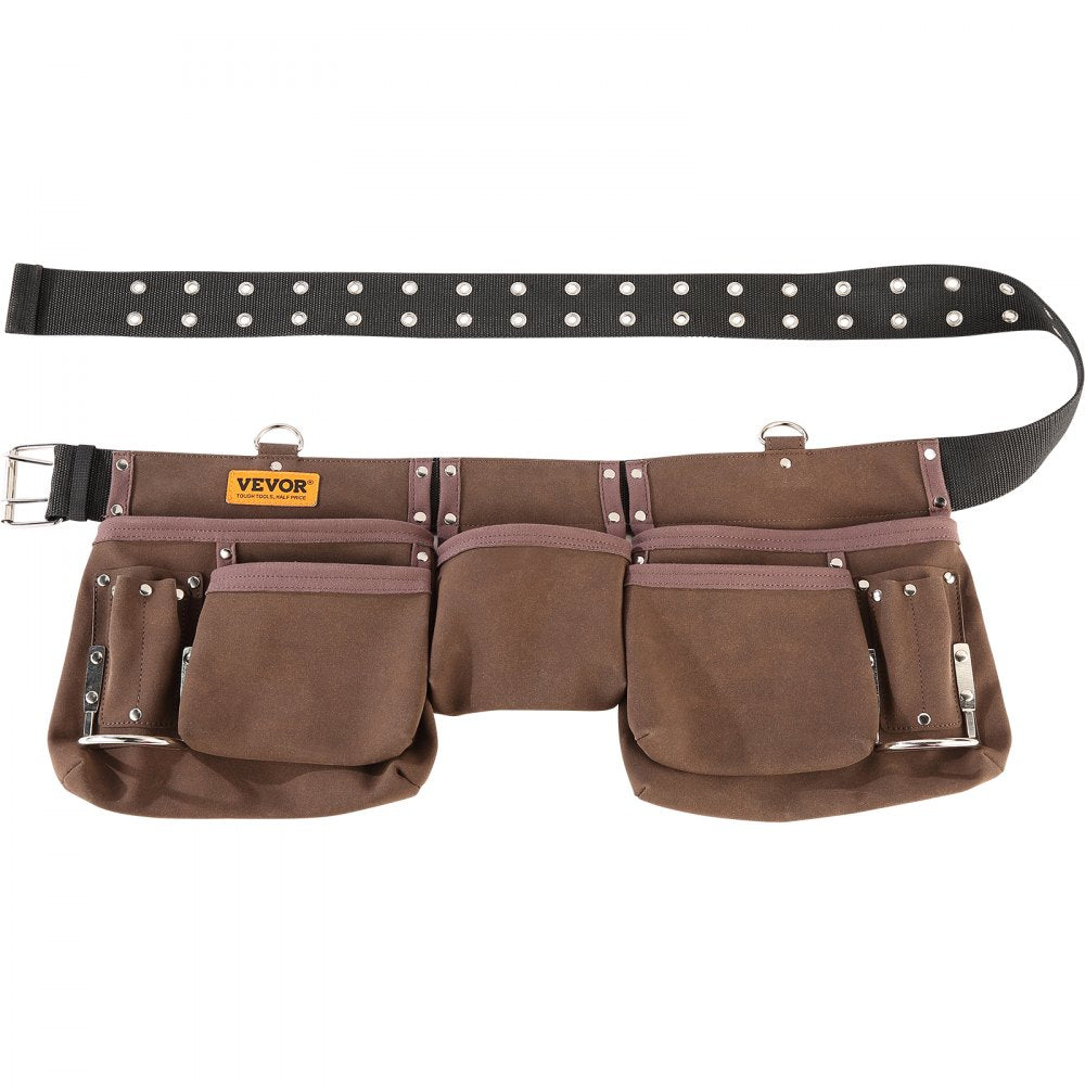 VEVOR 13 Pockets Tool Belt, Adjusts from 29 Inches to 54 Inches, Leather Heavy Duty Tool Pouch Bag with Dual Hammer Loops, Tool Bag for Electrician, Carpenter, Handyman, Construction, Framer, Brown