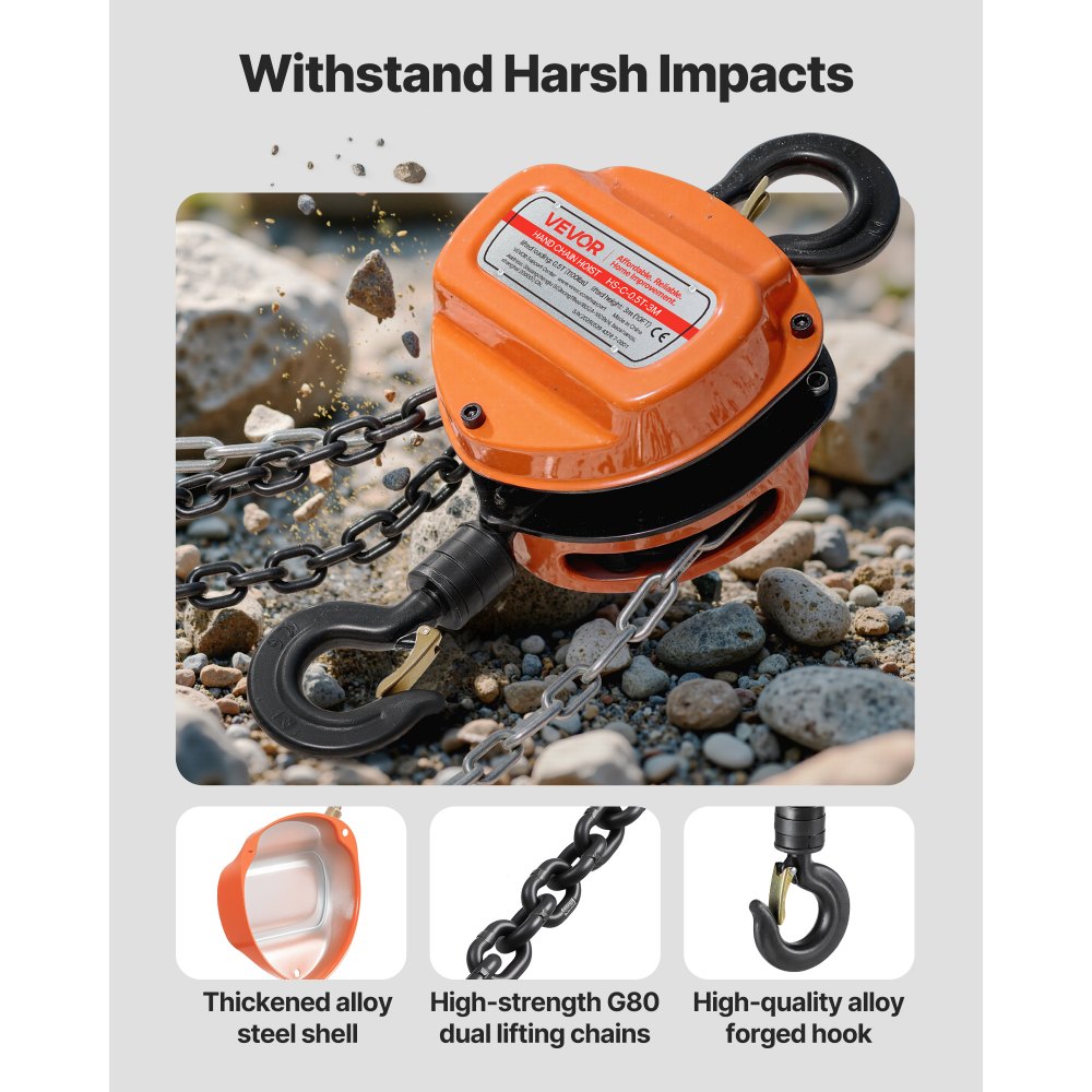 VEVOR Hand Chain Hoist, 1/2 Ton 1100 lbs Capacity, Manual Chain Block with Upgrade G80 Galvanized Chain, 10 ft Lifting Height, Heavy Duty Pulley Hoist for Garage Warehouse Automotive Machinery, Orange